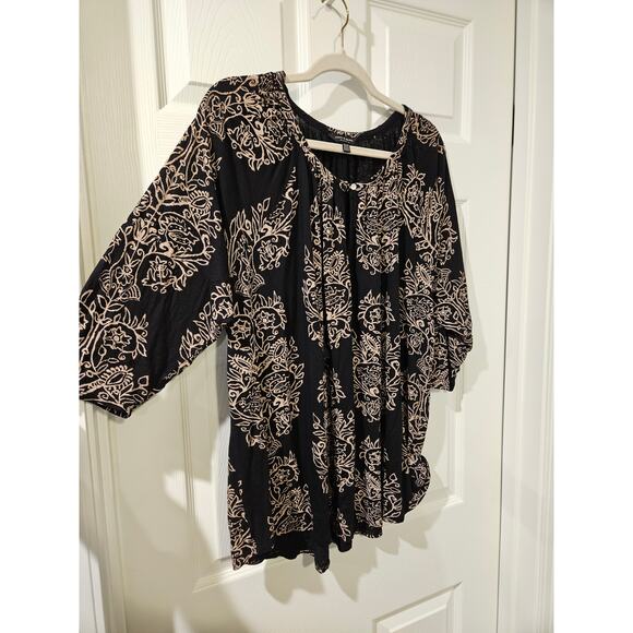 Lucky Brand Boho Blouse Black Tan Floral Print 3X Plus Size Keyhole Top Flow EUC - Picture 6 of 8